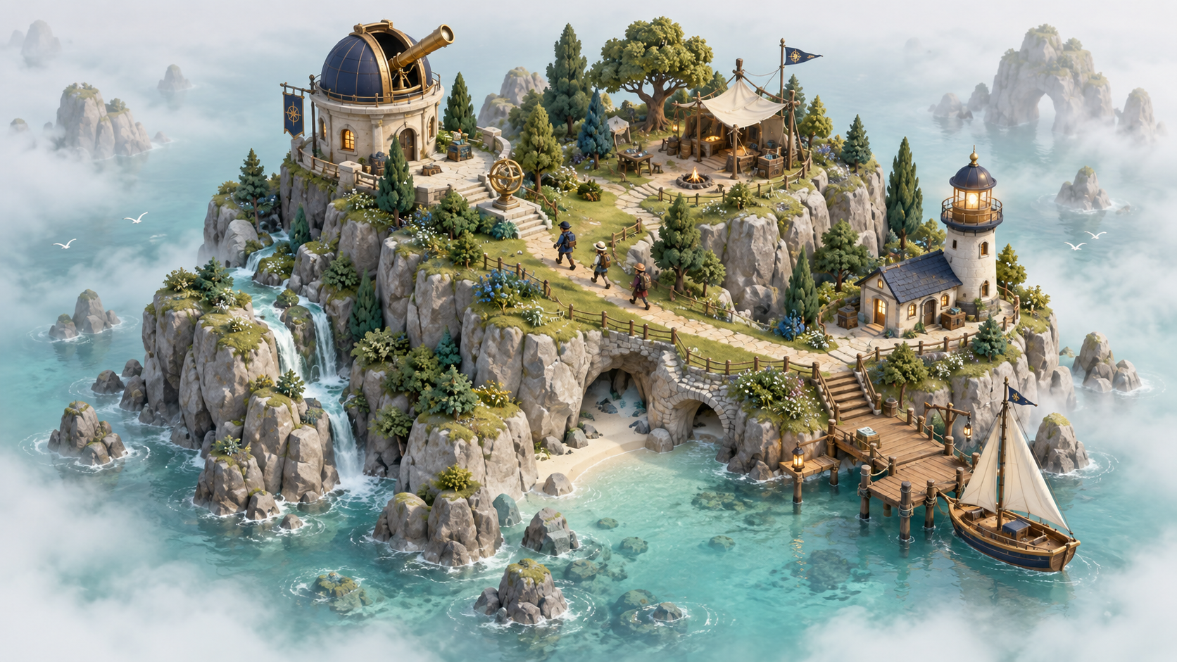 Expedition island with a lighthouse and camp